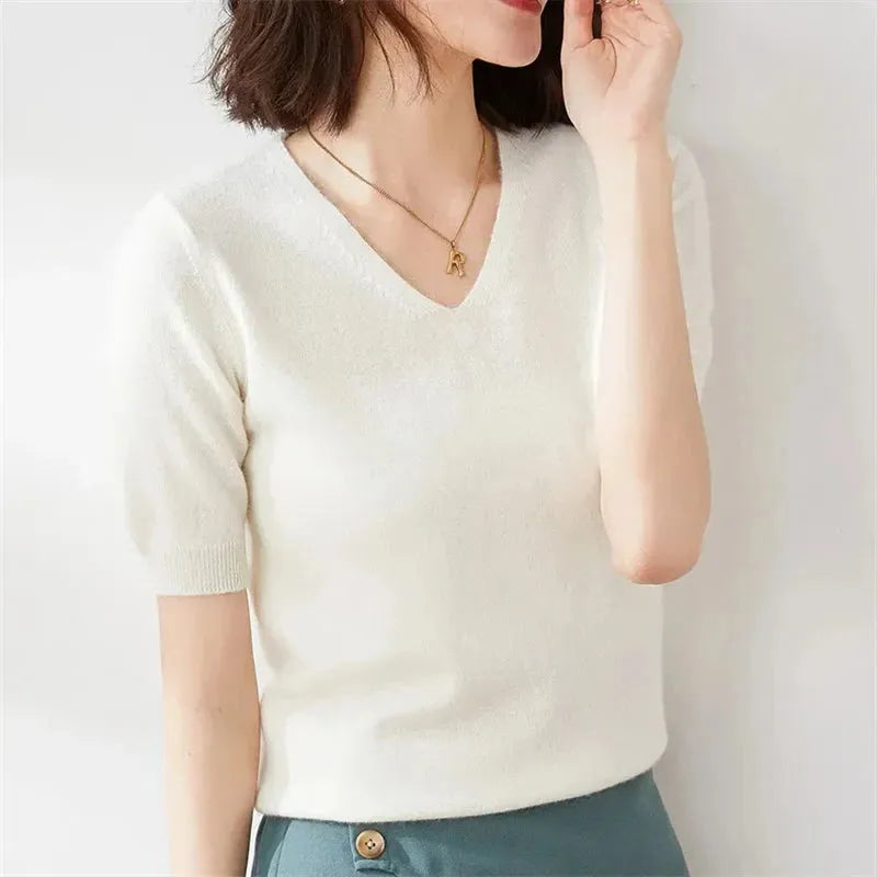 V-Neck Knit Top for Women - Soft Cotton Blend - Casual Everyday Wear - Available in Multiple Colors