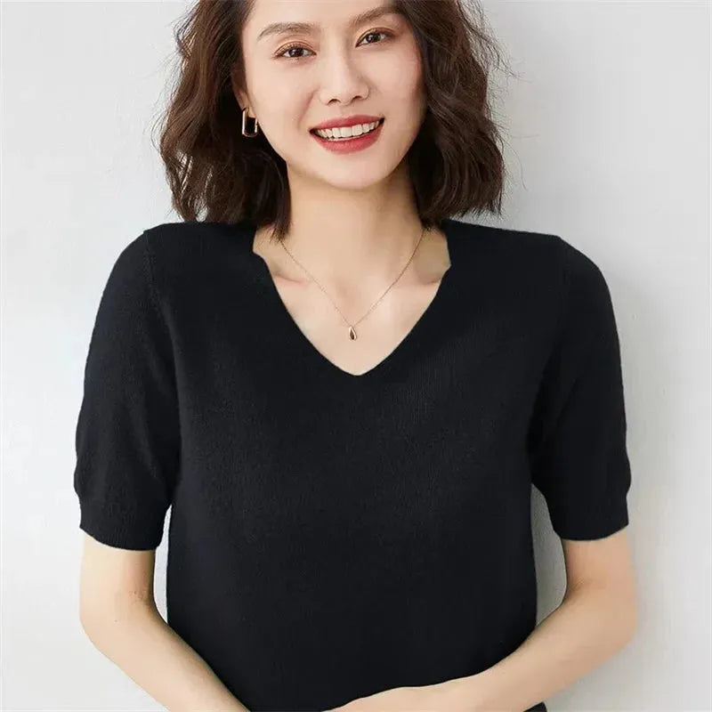 V-Neck Knit Top for Women - Soft Cotton Blend - Casual Everyday Wear - Available in Multiple Colors