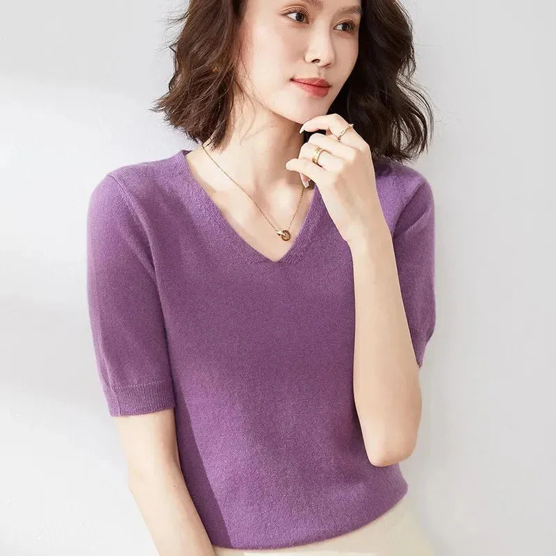 V-Neck Knit Top for Women - Soft Cotton Blend - Casual Everyday Wear - Available in Multiple Colors
