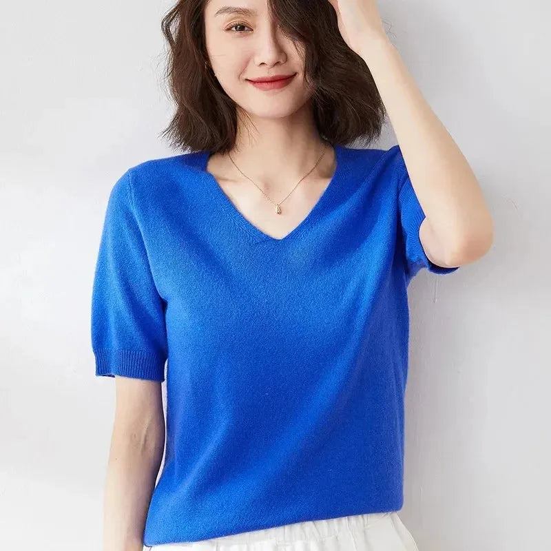 V-Neck Knit Top for Women - Soft Cotton Blend - Casual Everyday Wear - Available in Multiple Colors