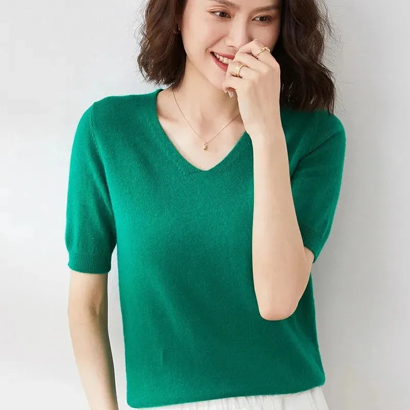 V-Neck Knit Top for Women - Soft Cotton Blend - Casual Everyday Wear - Available in Multiple Colors