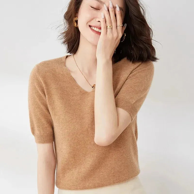 V-Neck Knit Top for Women - Soft Cotton Blend - Casual Everyday Wear - Available in Multiple Colors