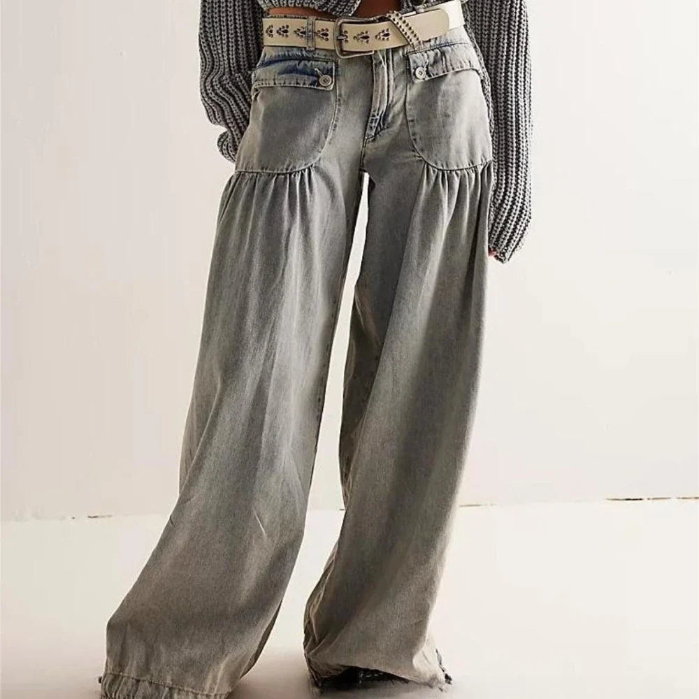 Wide-Leg Denim Jeans for Women - Comfortable Cotton Fabric - Casual Everyday Wear - Various Sizes Available