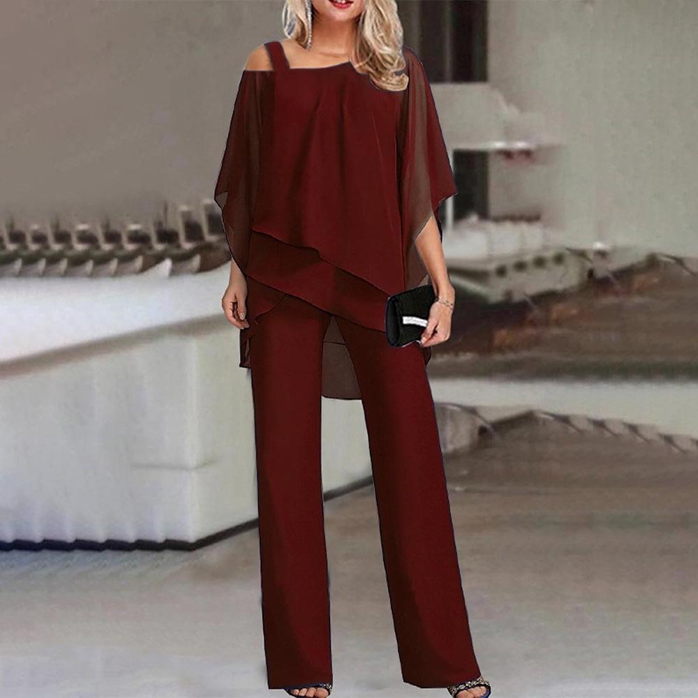 Women's Cold Shoulder Blouse and Pants Two-Piece Set - Casual Outfit for Summer Events and Everyday Wear