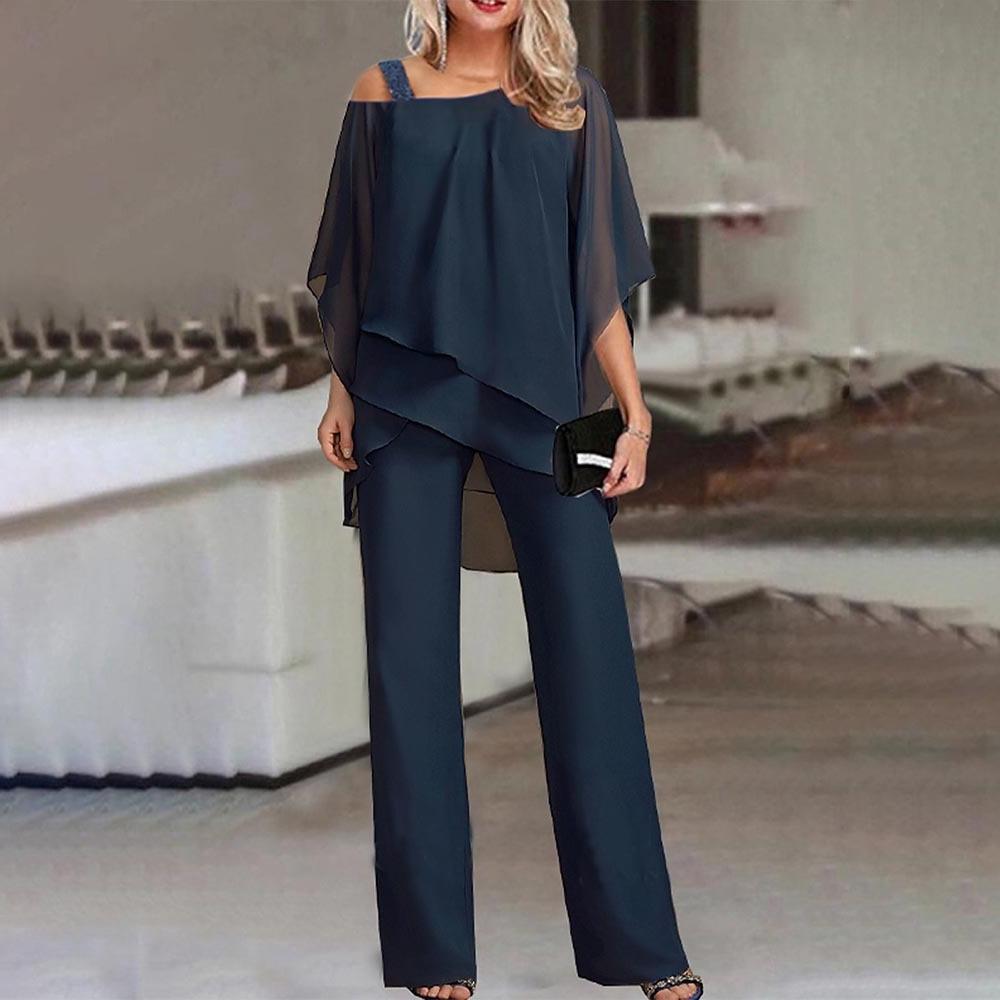 Women's Cold Shoulder Blouse and Pants Two-Piece Set - Casual Outfit for Summer Events and Everyday Wear
