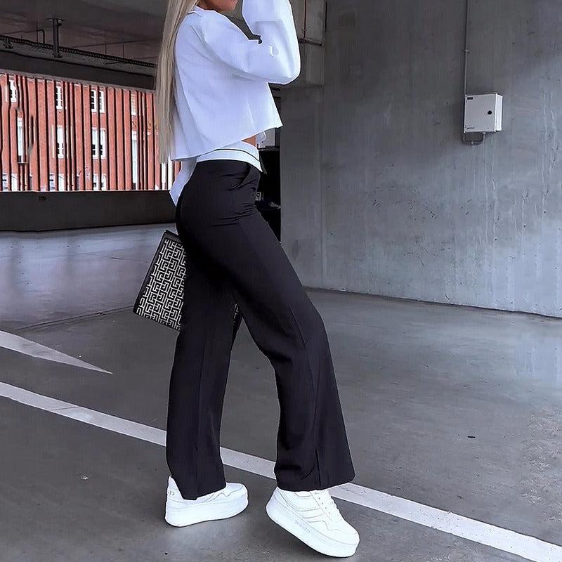 Women's Crop Blouse and High-Waisted Pants Two-Piece Set - Casual Chic Outfit for Everyday Wear