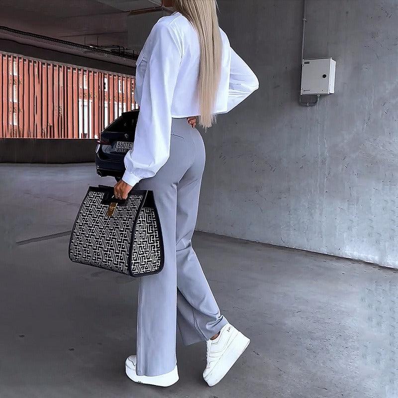 Women's Crop Blouse and High-Waisted Pants Two-Piece Set - Casual Chic Outfit for Everyday Wear