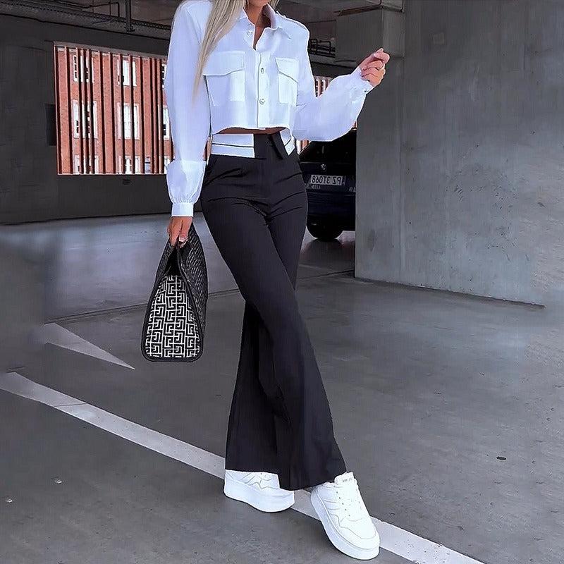 Women's Crop Blouse and High-Waisted Pants Two-Piece Set - Casual Chic Outfit for Everyday Wear