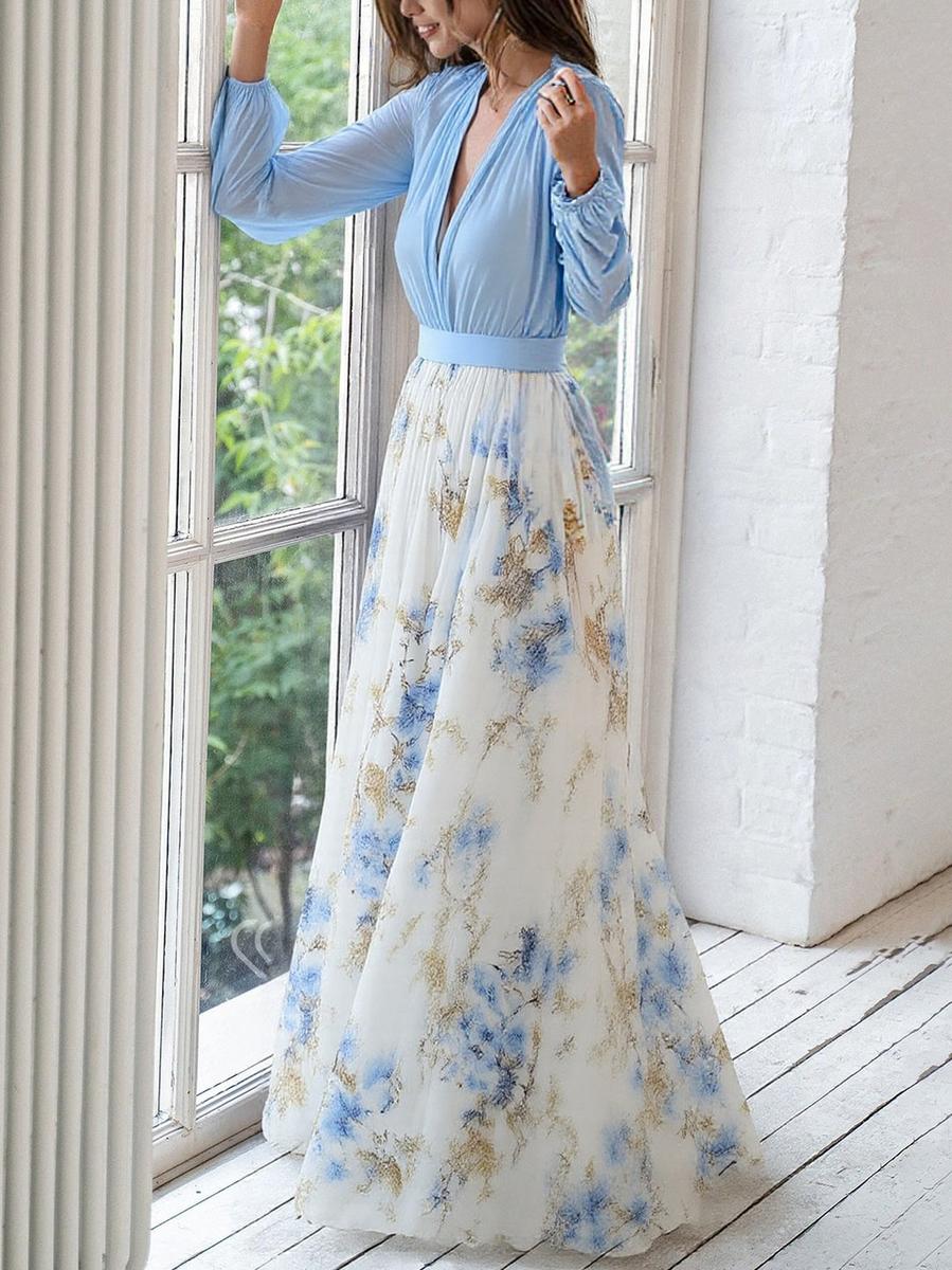 Women's Floral Maxi Dress - Deep V-Neck, Long Sleeve, Bishop Sleeves, Waistband - Perfect for Casual or Formal Occasions