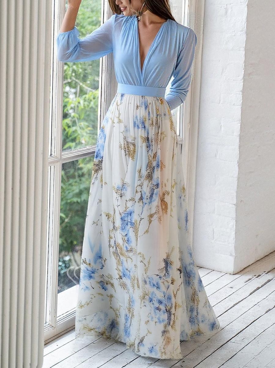Women's Floral Maxi Dress - Deep V-Neck, Long Sleeve, Bishop Sleeves, Waistband - Perfect for Casual or Formal Occasions