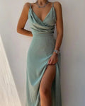 Women's Maxi Dress - Spaghetti Strap, V-Neck, Overlap Front with Side Slit - Perfect for Summer Events