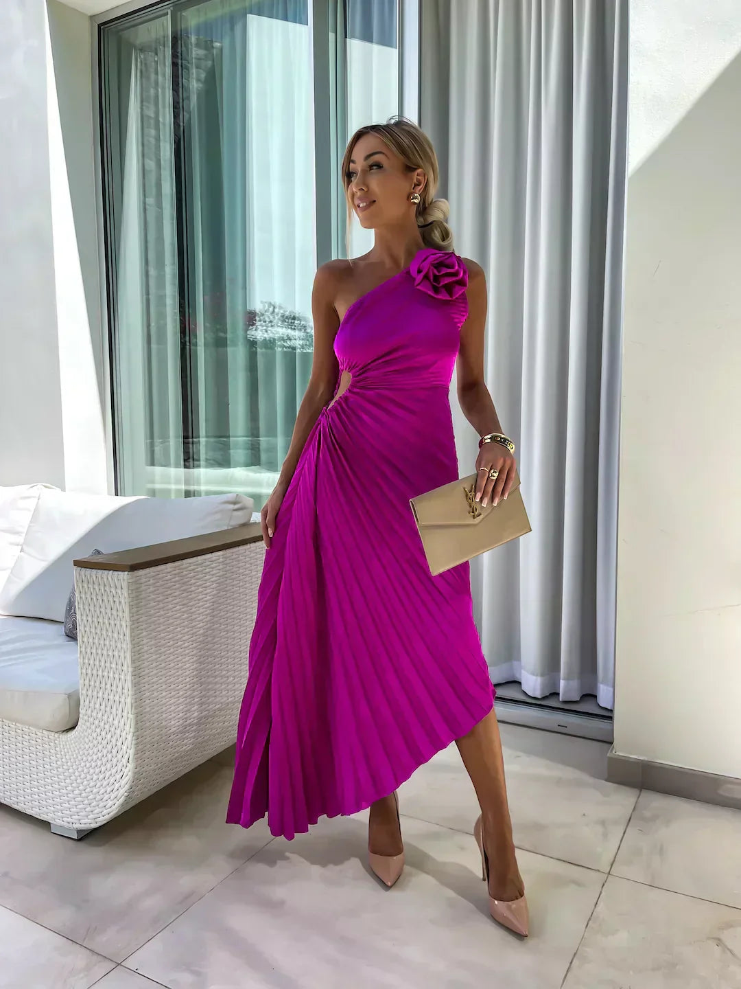 Women's Pleated Shoulder Dress - Elegant Pleated Design for Casual or Formal Occasions