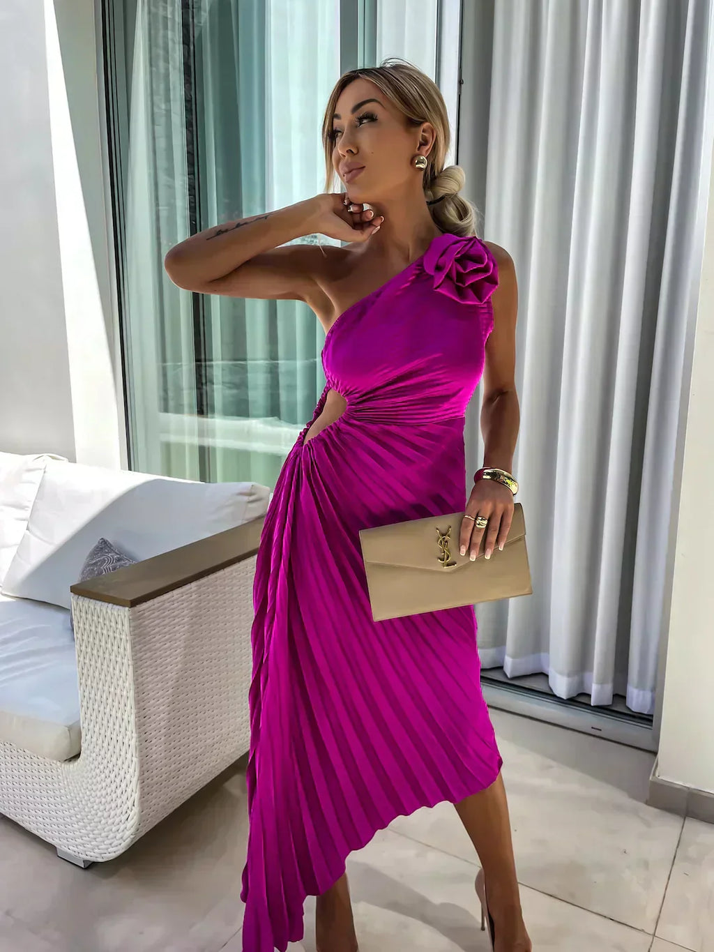 Women's Pleated Shoulder Dress - Elegant Pleated Design for Casual or Formal Occasions