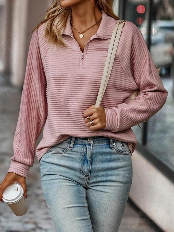 Women's Ribbed Half-Zip Sweater - Collared Neckline, Long Sleeves, Casual Knit Top for Everyday Wear