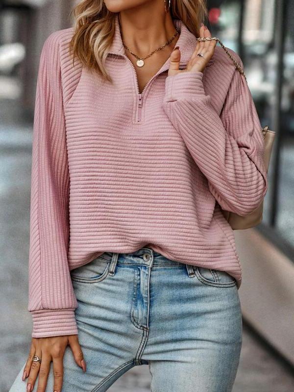 Women's Ribbed Half-Zip Sweater - Collared Neckline, Long Sleeves, Casual Knit Top for Everyday Wear