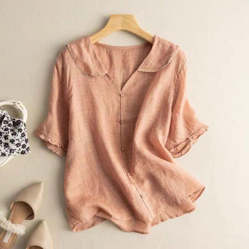 Women's Scalloped Collar Button-Front Blouse - Short Flared Sleeves - Casual Wear Top - Lightweight Fabric