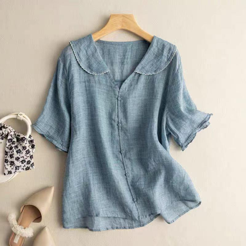 Women's Scalloped Collar Button-Front Blouse - Short Flared Sleeves - Casual Wear Top - Lightweight Fabric