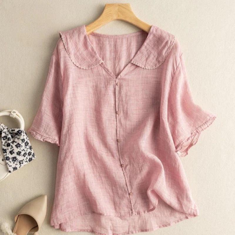 Women's Scalloped Collar Button-Front Blouse - Short Flared Sleeves - Casual Wear Top - Lightweight Fabric