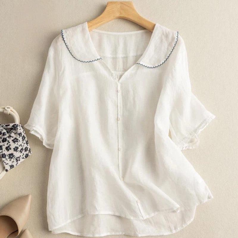 Women's Scalloped Collar Button-Front Blouse - Short Flared Sleeves - Casual Wear Top - Lightweight Fabric