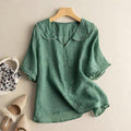 Women's Scalloped Collar Button-Front Blouse - Short Flared Sleeves - Casual Wear Top - Lightweight Fabric