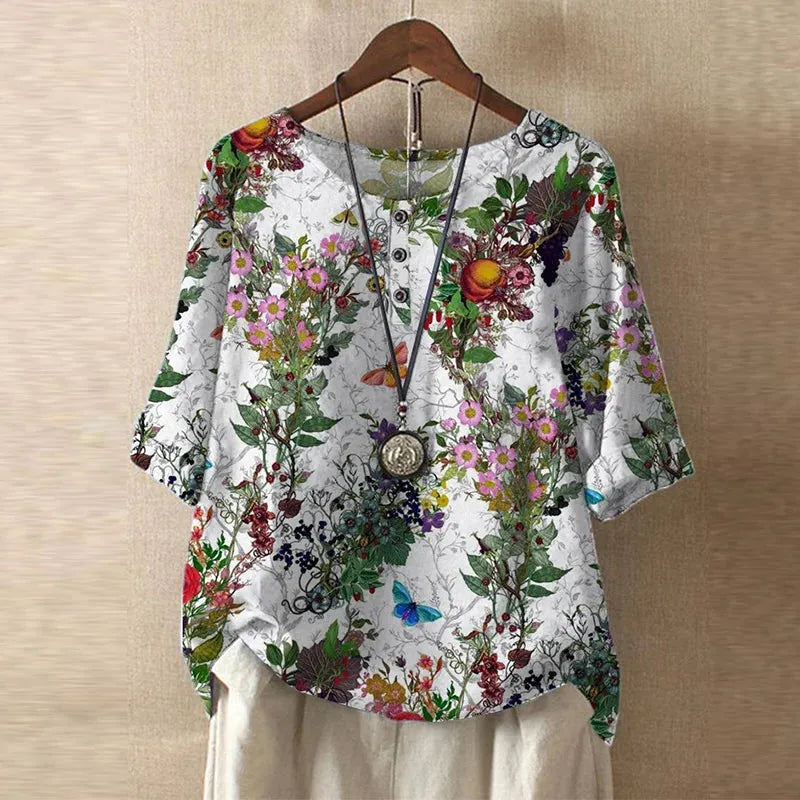 Women's Short Sleeve Round Neck Blouse with Button Placket - Casual Everyday Top in Lightweight Fabric