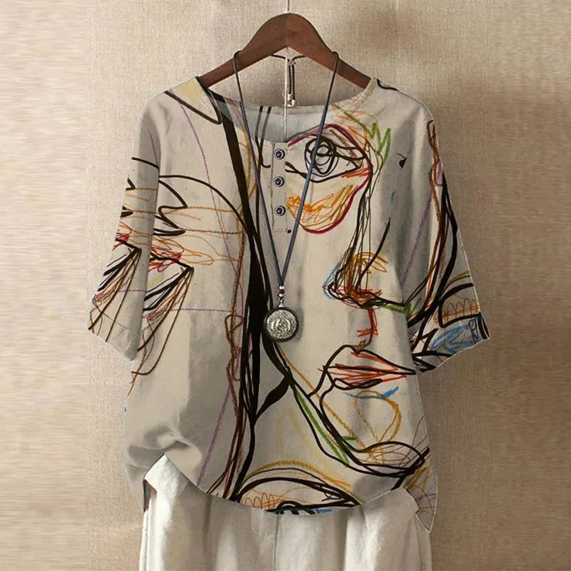 Women's Short Sleeve Round Neck Blouse with Button Placket - Casual Everyday Top in Lightweight Fabric