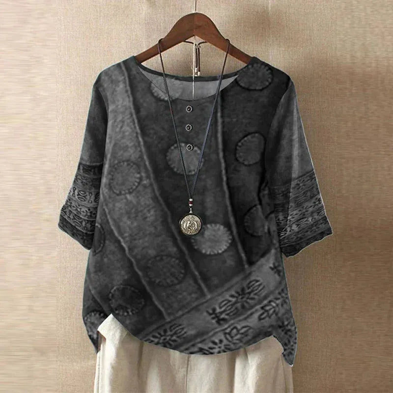 Women's Short Sleeve Round Neck Blouse with Button Placket - Casual Everyday Top in Lightweight Fabric