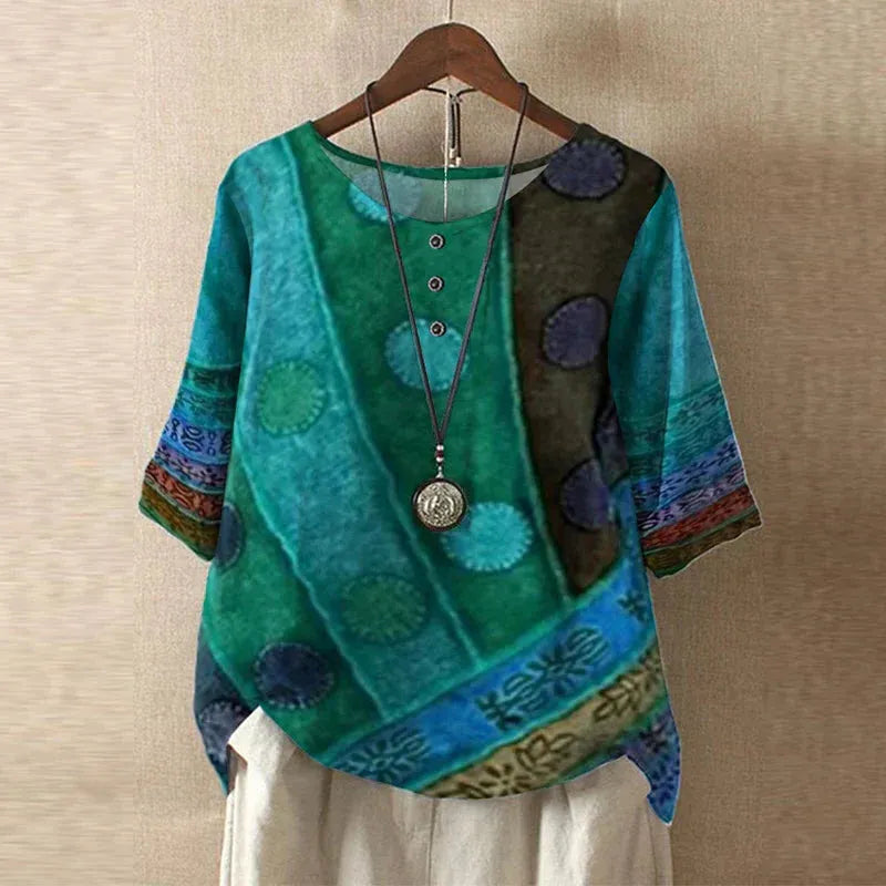 Women's Short Sleeve Round Neck Blouse with Button Placket - Casual Everyday Top in Lightweight Fabric