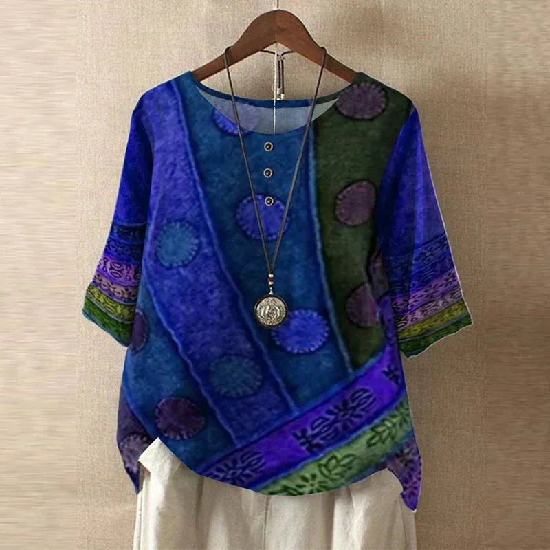 Women's Short Sleeve Round Neck Blouse with Button Placket - Casual Everyday Top in Lightweight Fabric