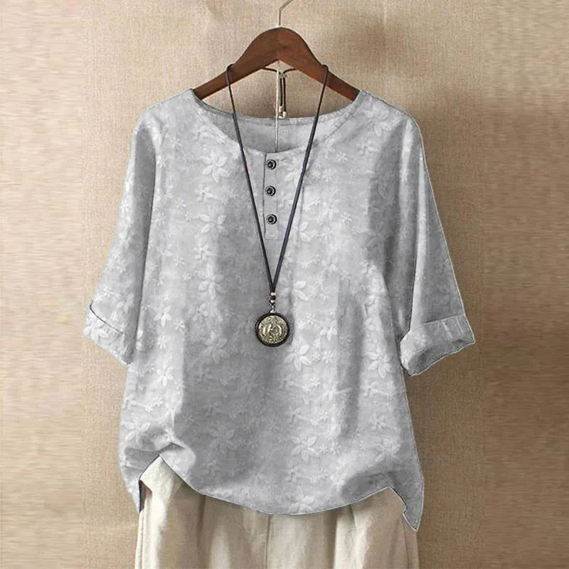 Women's Short Sleeve Round Neck Blouse with Button Placket - Casual Everyday Top in Lightweight Fabric