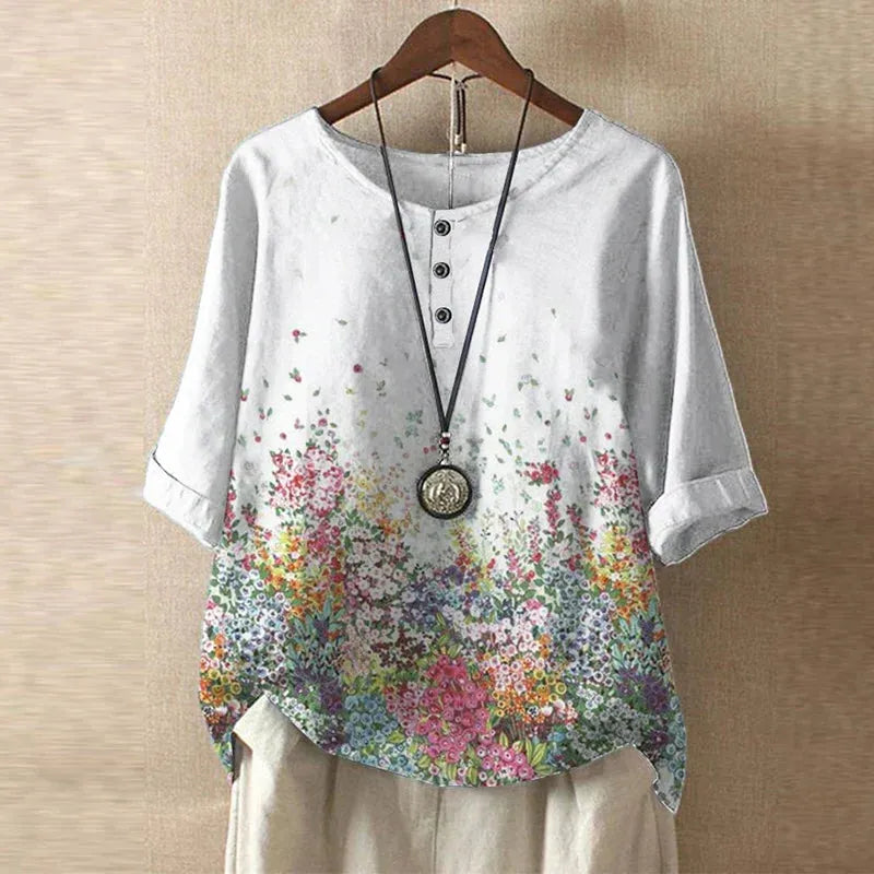 Women's Short Sleeve Round Neck Blouse with Button Placket - Casual Everyday Top in Lightweight Fabric