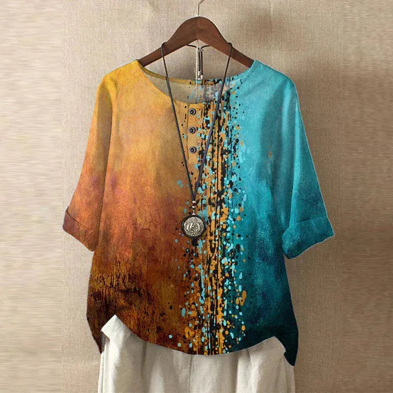 Women's Short Sleeve Round Neck Blouse with Button Placket - Casual Everyday Top in Lightweight Fabric