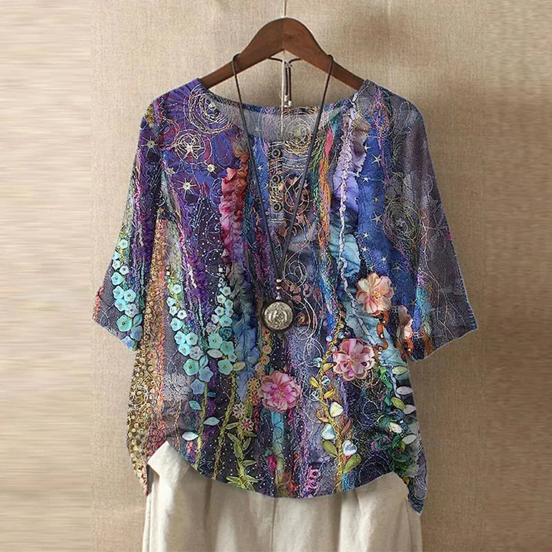 Women's Short Sleeve Round Neck Blouse with Button Placket - Casual Everyday Top in Lightweight Fabric