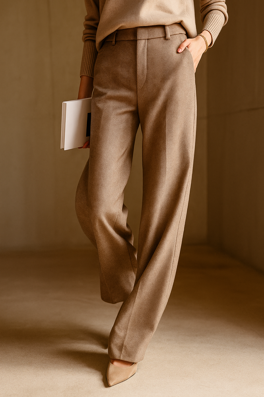 Wool Herringbone Trousers for Women - Classic Fit, Versatile Dress Pants for Office or Casual Wear