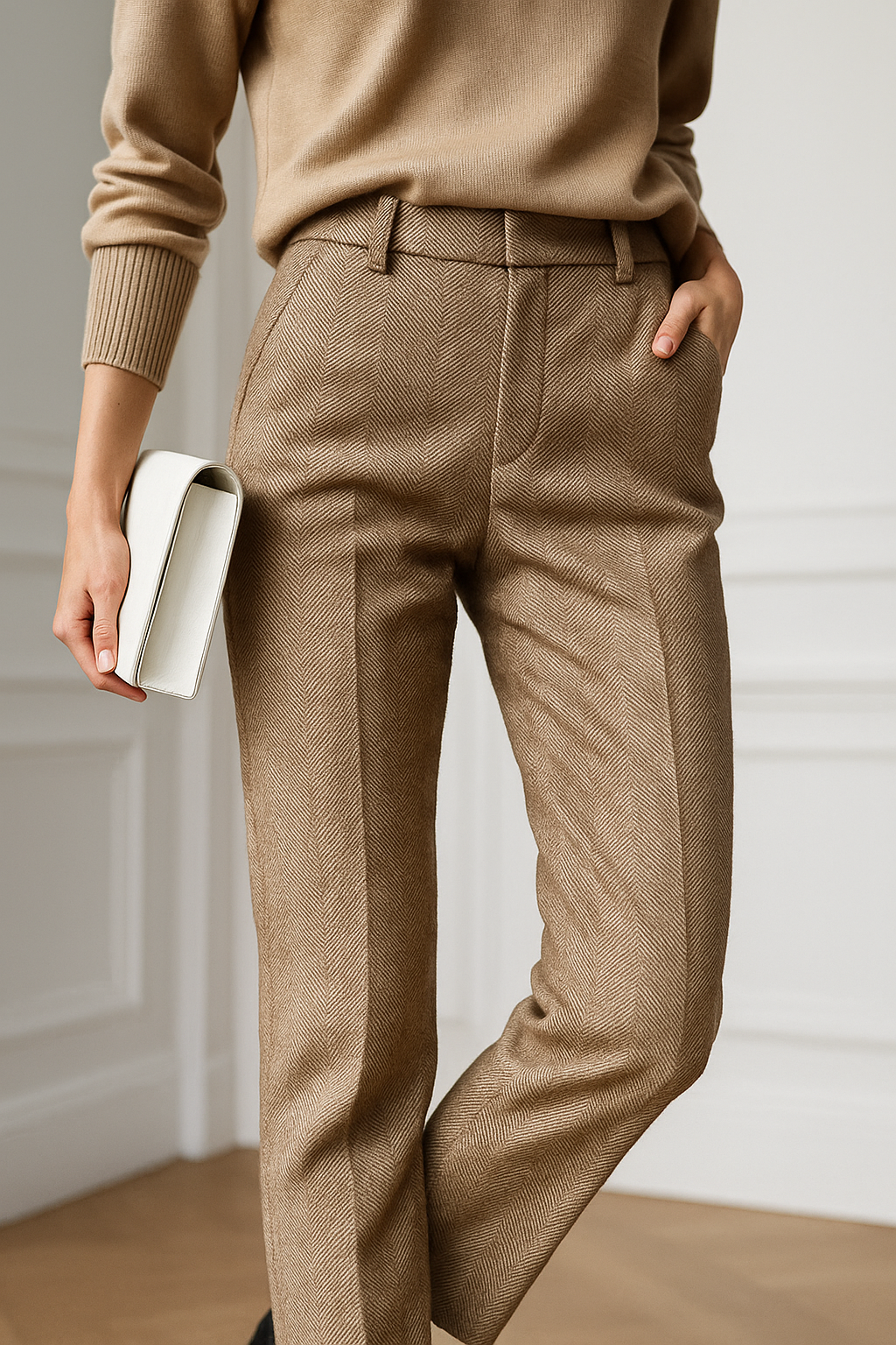 Wool Herringbone Trousers for Women - Classic Fit, Versatile Dress Pants for Office or Casual Wear