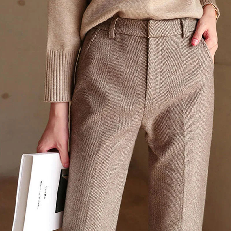 Wool Herringbone Trousers for Women - Classic Fit, Versatile Dress Pants for Office or Casual Wear