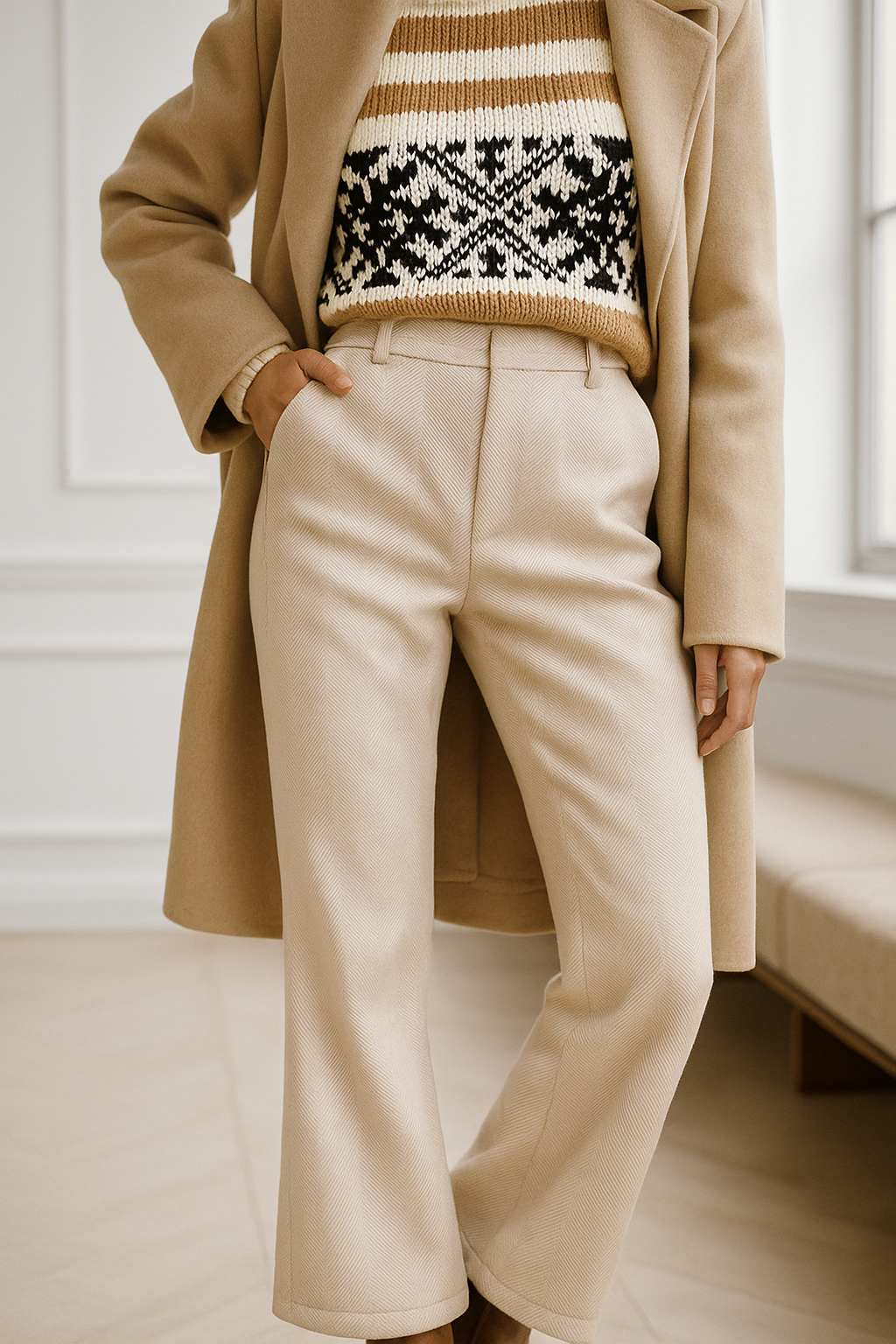 Wool Herringbone Trousers for Women - Classic Fit, Versatile Dress Pants for Office or Casual Wear