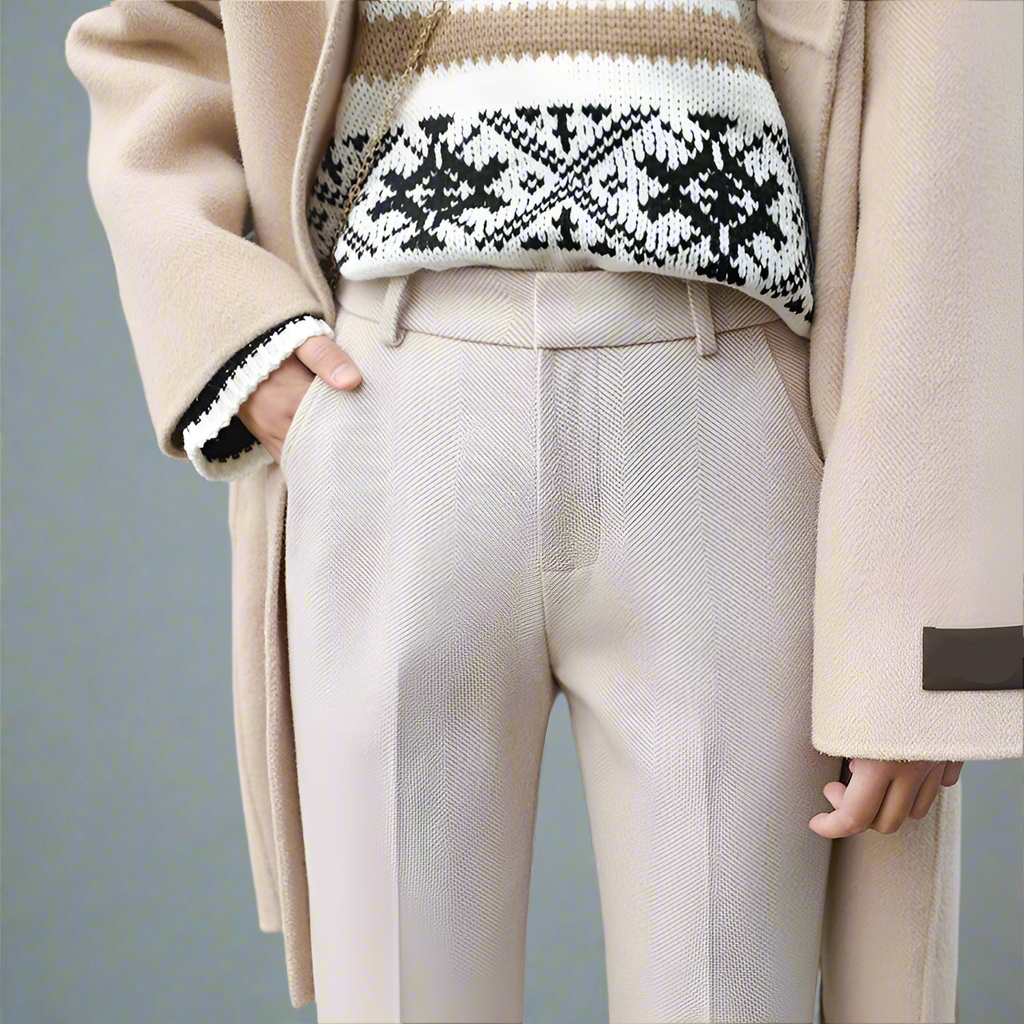 Wool Herringbone Trousers for Women - Classic Fit, Versatile Dress Pants for Office or Casual Wear