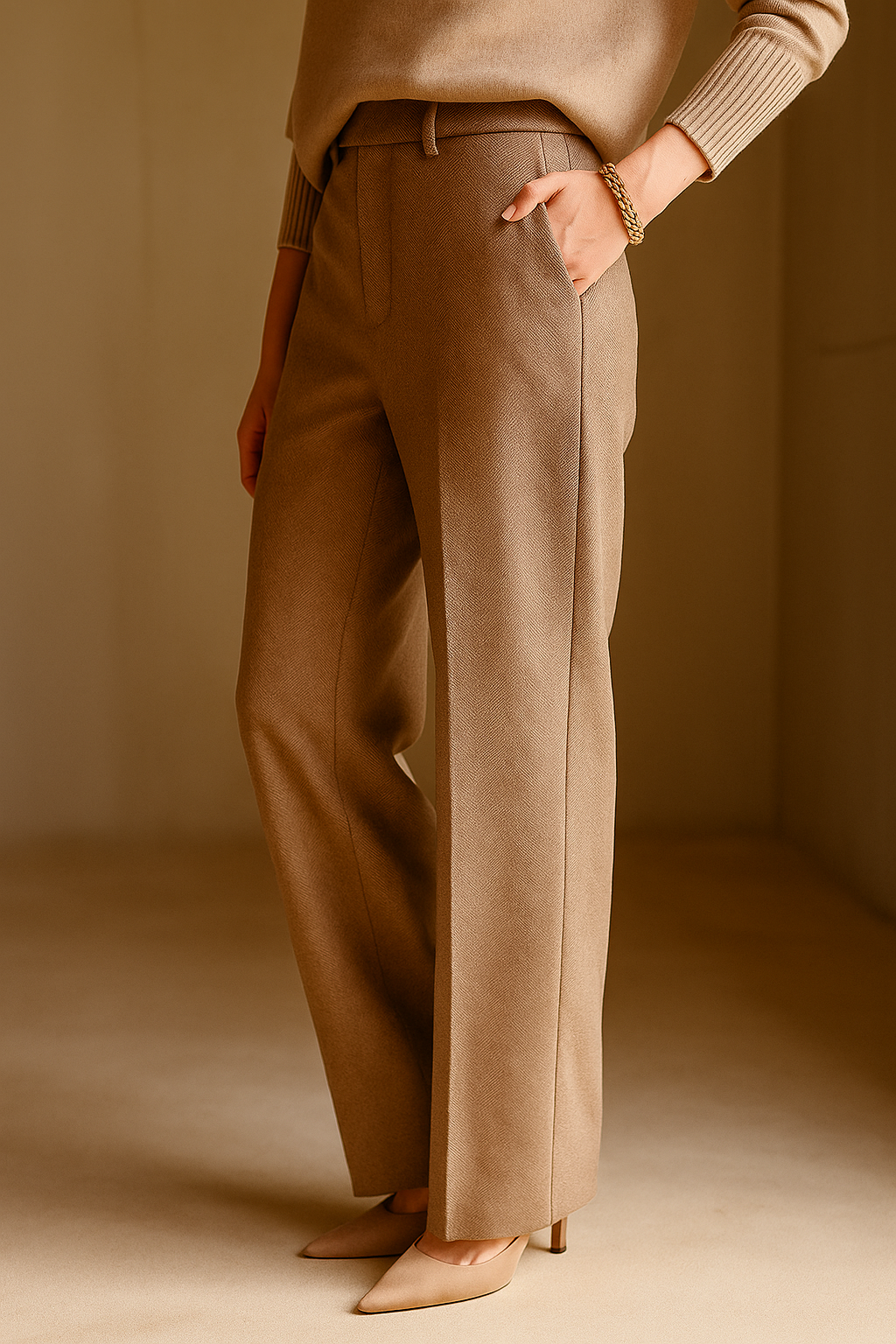 Wool Herringbone Trousers for Women - Classic Fit, Versatile Dress Pants for Office or Casual Wear